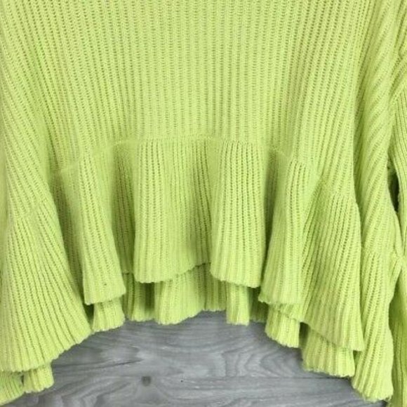 FREE PEOPLE | Neon Lime Green Cowl Neck Ruffle Hem Layer Cake Boho Knit Sweater - Picture 6 of 9